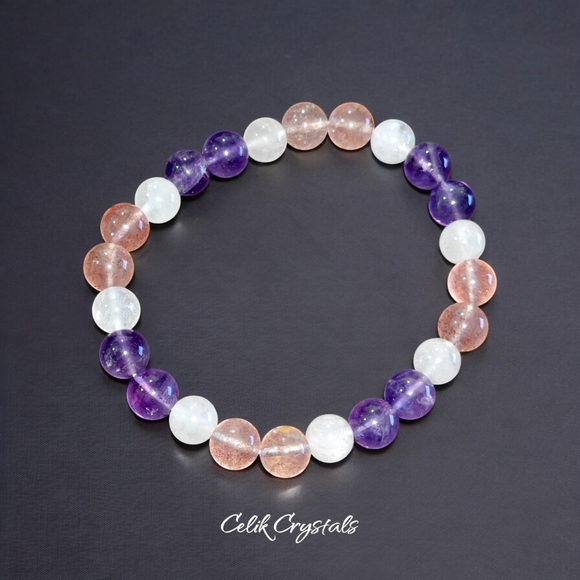 Amethyst, Strawberry Quartz, White Quartz Bracelet Natural Stones 8mm Stretches - Picture 2 of 7